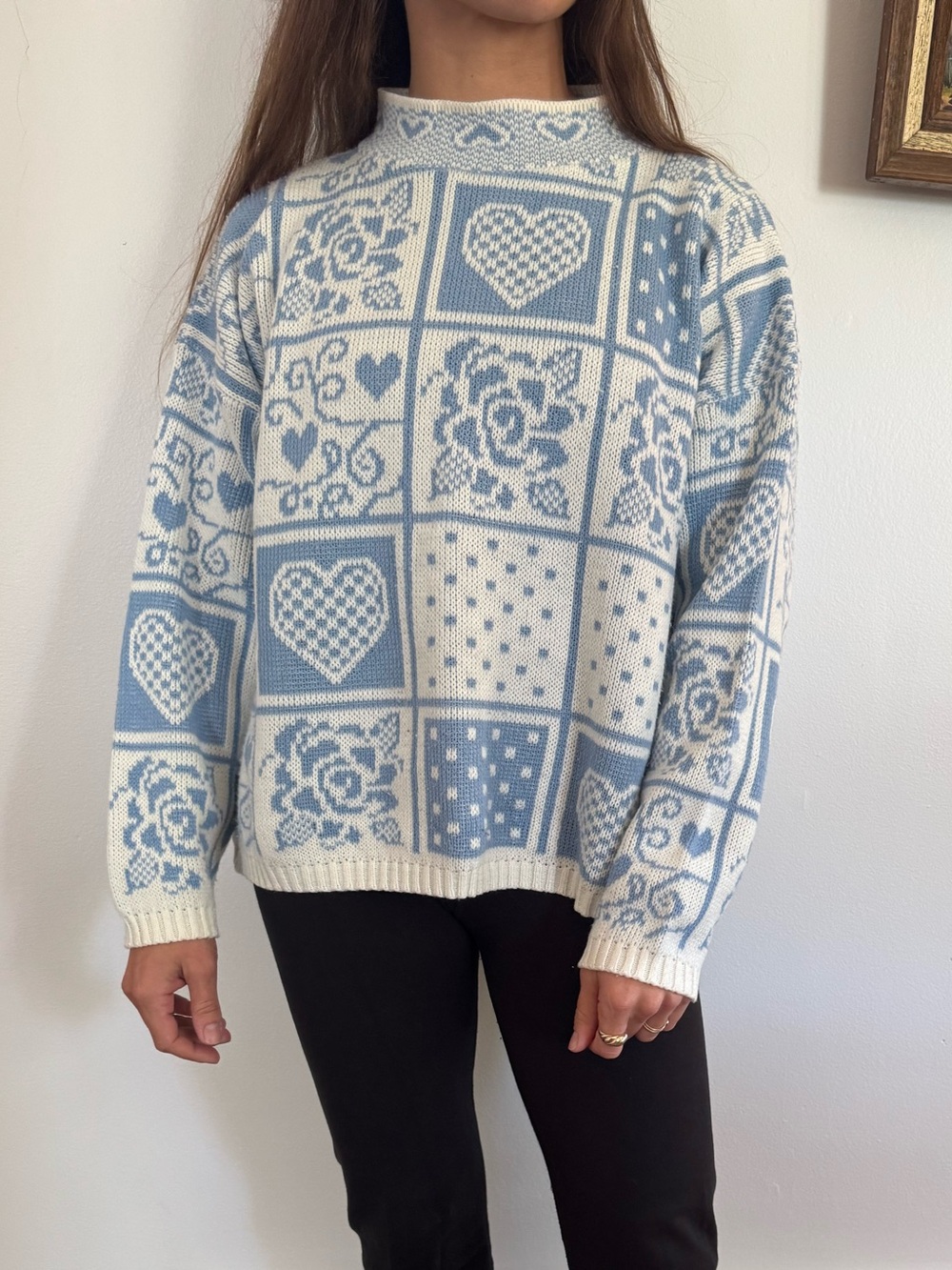Cream and Light Blue Heart & Rose Pattern Sweater